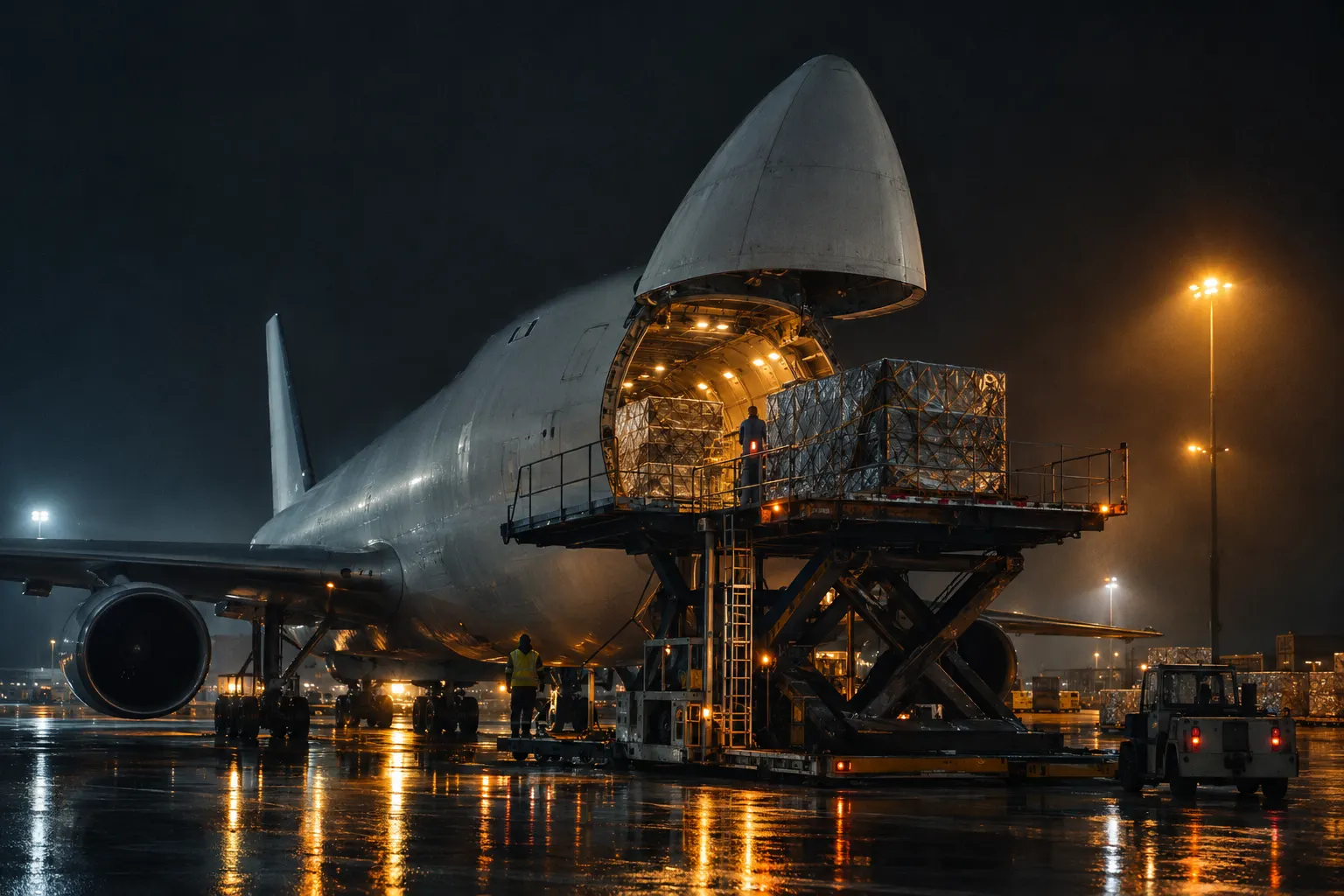 Air cargo freighter being loaded at night