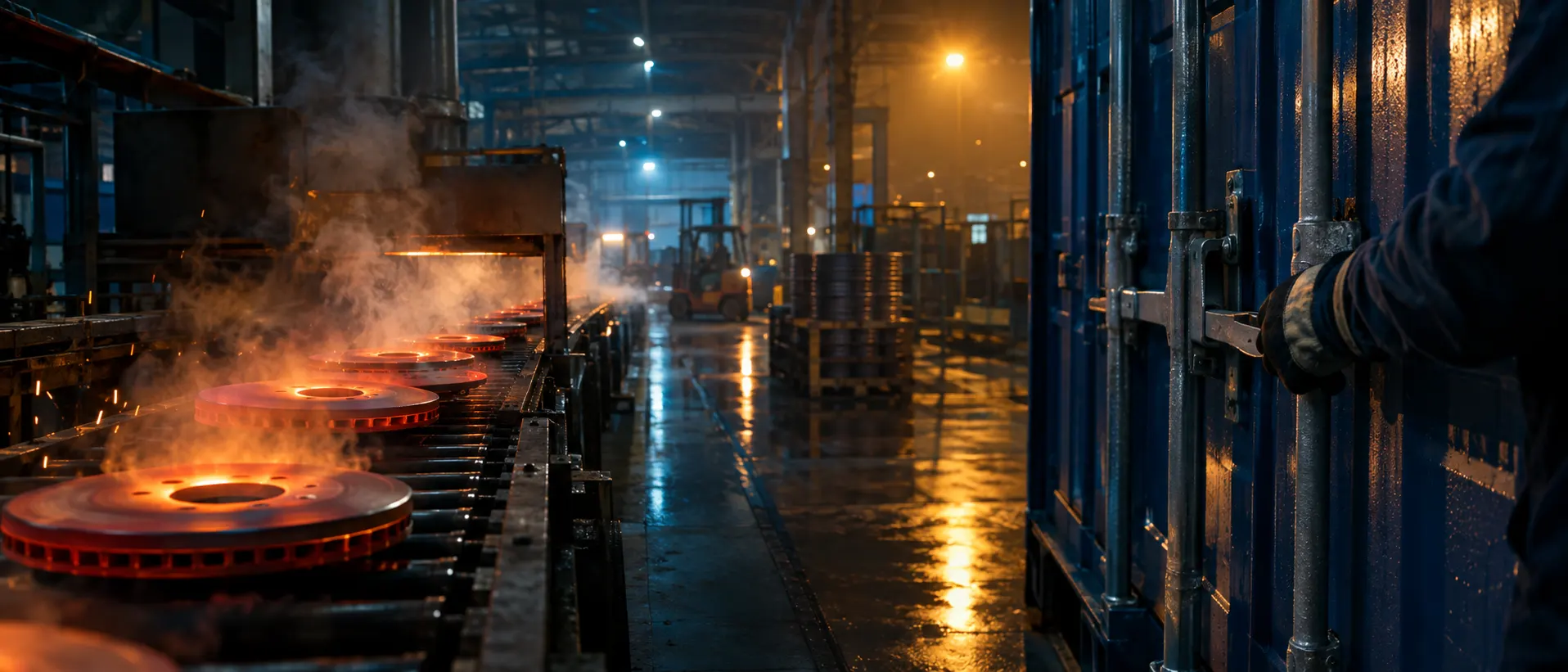 Brake discs cooling in a factory as a container is sealed
