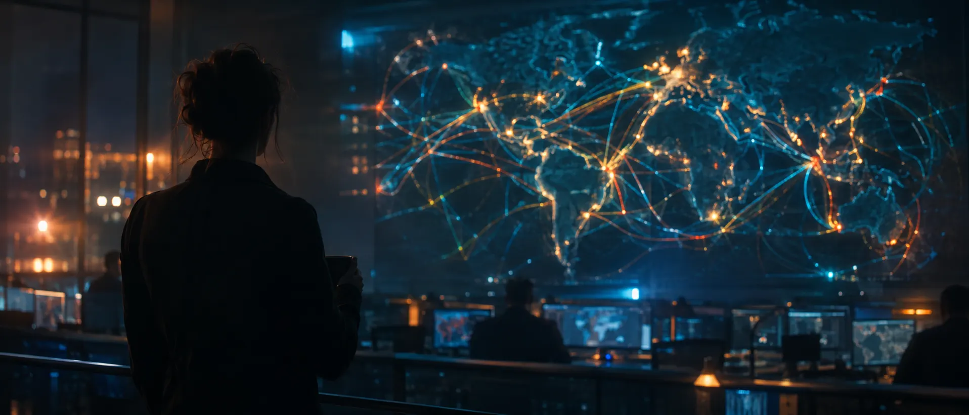 Operations room with glowing route lines