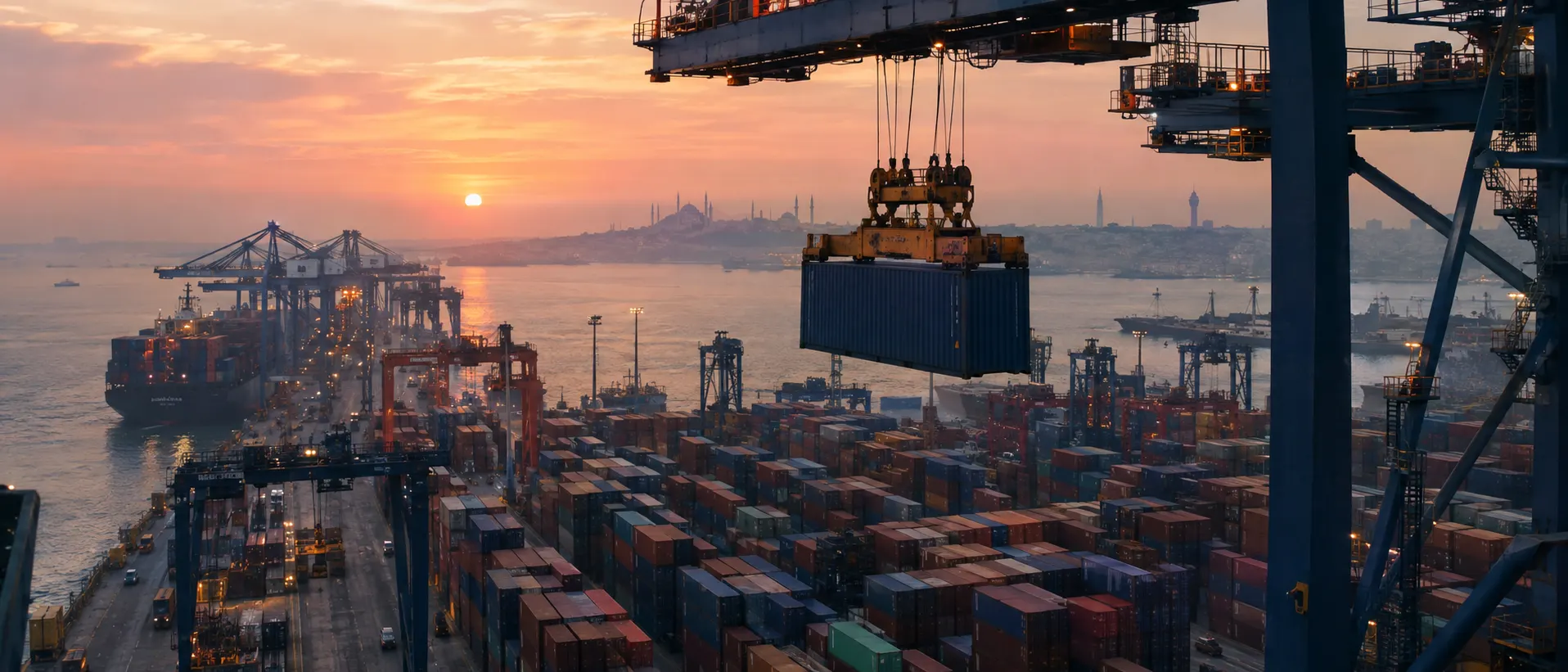 Container port at dawn