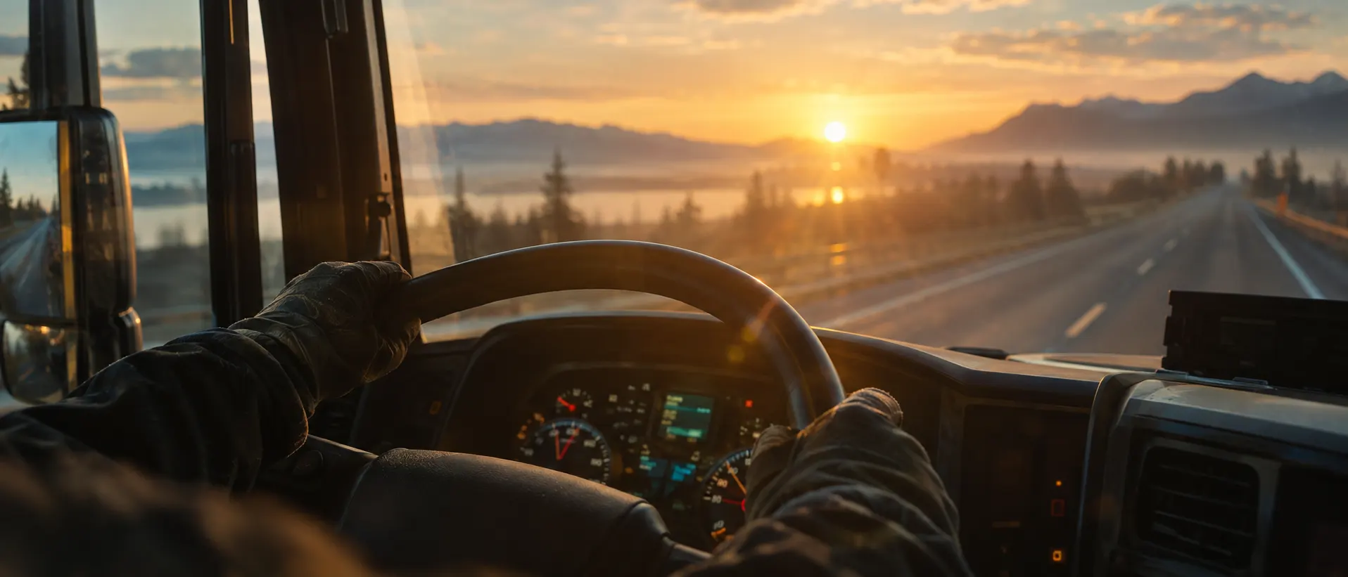 Hands on a truck steering wheel at sunrise