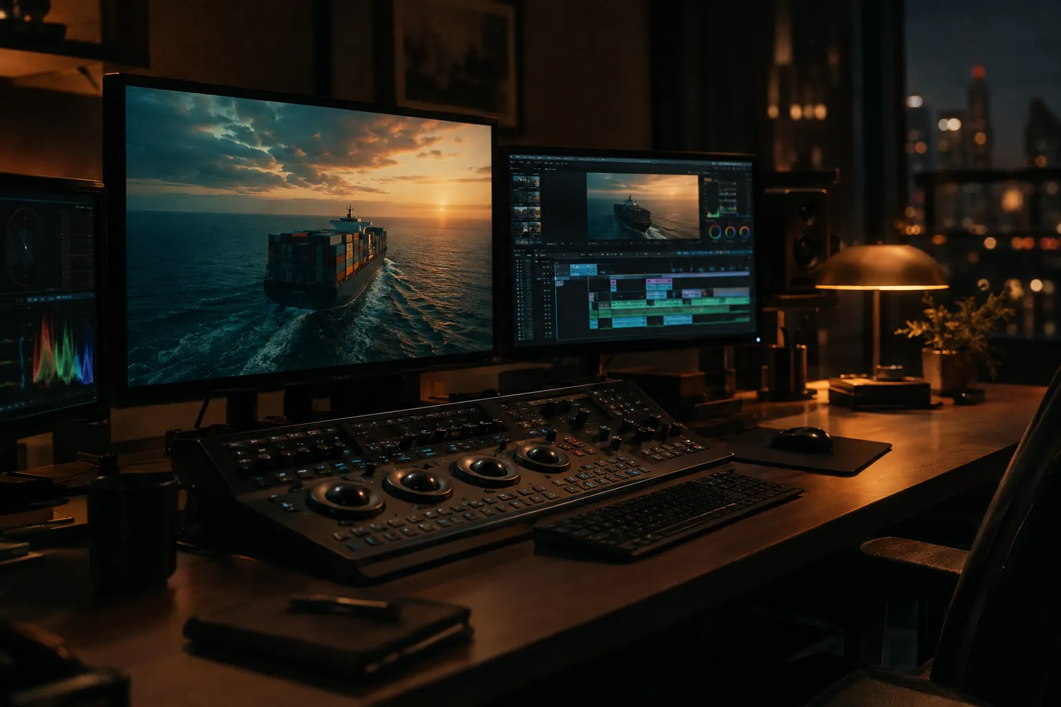A color-grading suite with a container ship on the reference monitor